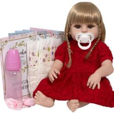 Imagem de Boneca Tipo Reborn Real Menina Com Chupeta 13 Itens Loira - Cegonha Re