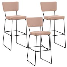 Imagem de Kit 3 Banquetas Alta Base Em Aço Fixa Linho Rosê