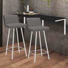Imagem de Kit Mesa Suspensa de Parede Fixa MDF Preto + 2 Banquetas Lexi Ferro Branco Suede Cinza - Ahazzo Móveis
