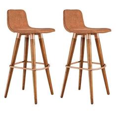 Imagem de KIT 2 BANQUETAS ALTAS LUXO LINEA AÇO COBRE LINHO TERRACOTA BASE CARVALHO