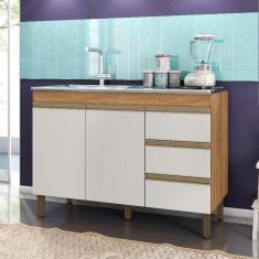 Imagem de Balcão de Cozinha para Pia Karen 120cm Sem Tampo 2 Portas e 3 Gavetas Cor Nature e Off White - Peternella Móveis