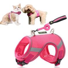 Imagem de Peitoral para cães pequenos e gatos, arnês para filhotes de cachorro com conjunto de coleira para cães, sem puxão, ajustável, de malha macia refletiva, colete para caminhada ao ar livre, P, vermelho