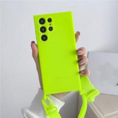 Imagem de Capa de silicone líquido com alça de colar crossbody para Samsung S23 S22 Ultra S21 Plus S20FE A52 A72 A22 A32 Candy Color Cover, verde fluorescente, para S21 Ultra