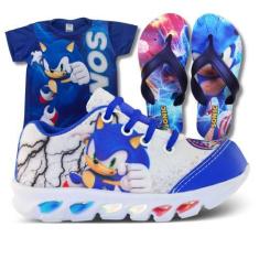 Imagem de Kit Tênis Led Infantil Menino Masculino Sonic + Chinelo + Camisa - Kid