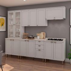 Imagem de Cozinha Completa Iluminata 12 Portas 3 Gavetas 100% Mdf com Vidro Branco/Marrom Claro/Mineral - Genialflex