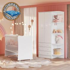 Imagem de Quarto de Bebê Doce Sonho com Roupeiro 825 e Berço Simples 1 c/ Rodízios Qmovi Branco + Colchão Ortobom