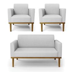 Imagem de Sofá Namoradeira Com 2 Poltronas Base De Madeira Fixa Castanho Marisa Linho D03 - D`Rossi A05 Cinza
