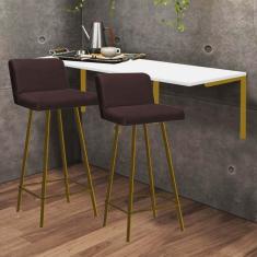 Imagem de Kit Mesa Suspensa de Parede Fixa mdf Branco + 2 Banquetas Lexi Ferro Dourado Sintético Marrom - Ahazzo Móveis