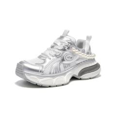 Imagem de BEAU TODAY Tênis feminino grosso, moderno, plataforma para pai, tênis, tênis de corrida confortável com cadarço, Prata, 36