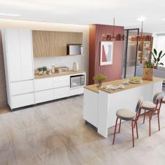Imagem de Cozinha Completa Rainha 8 Portas 12 Gavetas com Ilha Ripado 100% Mdf Branco/Natural - Nesher