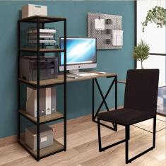 Imagem de Kit Escritório Mesa Max BeX 5 Prateleiras e Cadeira Stan Preto Tampo Madeira Corino Marrom - Ahz Móveis