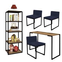 Imagem de Kit Escritório Ravi 3 Cadeiras Suede Azul Marinho com 1 Mesa e 1 Livreiro Ferro Preto MDF Carvalho - Ahazzo Móveis