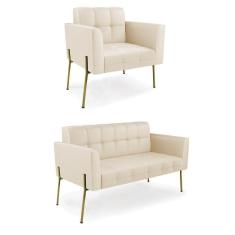 Imagem de Sofá Namoradeira E Poltrona Base Pé De Ferro Dourado Elisa Corino Bege D03 - D`rossi