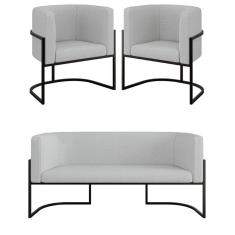 Imagem de Kit 2 Cadeiras Poltronas + Sofá 2 Lugares Base Preta Bouclê Cinza