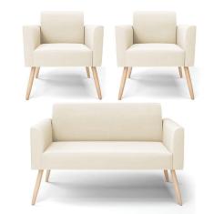 Imagem de Sofá Namoradeira Com 2 Poltronas Pés Palito Natural Marisa Veludo Bege D03 - D`rossi