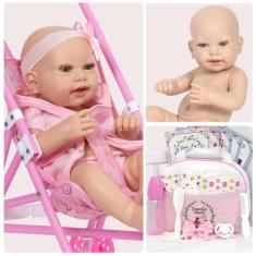 Imagem de Boneca Reborn Realista Bonita Com Carrinho Enxoval Completo