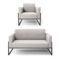 Imagem de Sofá Namoradeira com Poltrona Base Industrial Alta Preto Marisa Veludo Cinza D03 - D`Rossi