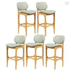 Imagem de Kit 5 Banquetas Alta para Balcão Decor Madeira Mel Linho Verde L84 RMI