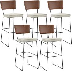 Imagem de Kit 05 Banqueta Alta Cozinha Sala Jantar Allana L02 Couríssimo Marrom Linho Champagne - Lyam Decor