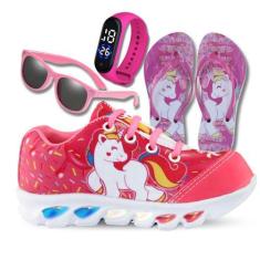 Imagem de Kit Tênis De Led Infantil Menina Feminino Unicórnio + Chinelo + Óculos