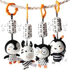 Imagem de Brinquedos para bebês em preto e branco, chocalhos pendurados, brinquedos para carrinhos de bebê, pacote com 4