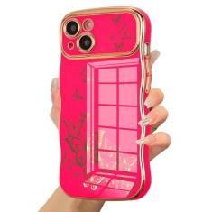 Imagem de ZTOFERA Capa para iPhone 15 Plus para meninas e mulheres, linda moldura ondulada encaracolada com padrão de borboleta banhada de luxo, capa de proteção de lente levantada de TPU macio à prova de