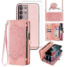 Imagem de Asuwish Capa de celular para Samsung Galaxy S22 Ultra 5G com zíper carteira de celular com alça protetora de tela de vidro temperado, suporte de cartão de flor mandala S22ultra 22S S 22 S22ultra5g 6,8