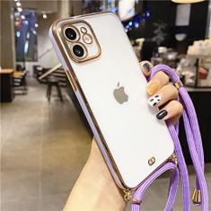Imagem de Cadeia de cordão de cordão galvanizado fashion transparente macio silicone capa de telefone para iphone 13 12 11 pro max xs xr 8 7 plus mini se x, roxo, para iphone 12