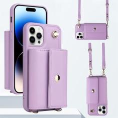 Imagem de Capa de telefone com alça de ombro tipo carteira para iPhone 15 Pro Max 14 13 12 11 Pro Max 15 Plus 14 Plus Capa traseira com cordão para cartão de couro, roxo claro, para iPhone 11