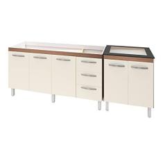 Imagem de Armário Cozinha Gabinete Pia De 160 Cm Emily Com Balcão Cooktop 4 Bocas Savana Frente Off-white Jade