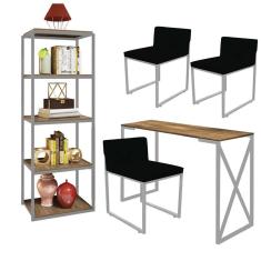 Imagem de Kit Escritório Bex 3 Cadeiras Corino Preto com 1 Mesa e 1 Livreiro Ferro Cinza MDF Carvalho - Ahazzo Móveis
