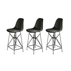 Imagem de Kit 3 Banquetas Bistrô Alta Eames Eiffel Preta Base Ferro Preto