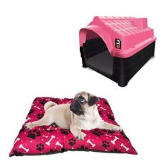 Imagem de Kit Casa Casinha Resistente N2 Rosa E Cama Colchonete Pet - Mecpet
