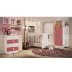 Imagem de Quarto de Bebê Fofura, com Guarda Roupa, Comoda e Berço Móveis Percasa Branco/Rosa