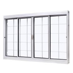 Imagem de Janela de Aço de Correr Central 100x120cm 4 Folhas com Grade Quadriculada e Vidro Liso Qualitysol  Ramassol Branco