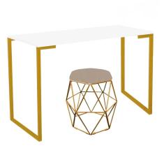 Imagem de Mesa Ley Industrial Escritório e Home Office com Puff Luna Suede Bege Dourado Tampo Branco - Ahz Móveis
