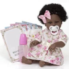 Imagem de Boneca Reborn Negra Silicone Realista 13 Itens Pode Banho