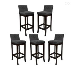 Imagem de Kit 5 Banquetas Alta para Ilha de Cozinha Tóquio Madeira Maciça Matelassê Suede Cinza CCS