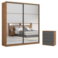 Imagem de Conjunto Quarto Guarda Roupa Com 2 Espelhos E Comoda Napolis Amendola Grafito