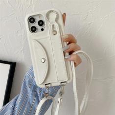 Imagem de Capa de telefone crossbody com alça de pulso para iPhone 13 12 Mini 15 14 11 Pro XS Max XR 7 8 Plus Porta-cartões Capa de couro com cordão, branca, para iPhone 12Pro Max
