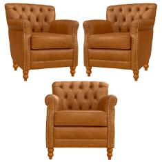 Imagem de Kit 03 Poltronas Decorativas Sala de Estar Níger Pés Madeira Couro 