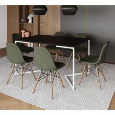 Imagem de Mesa Industrial Retangular Preta Base V Aço Branco 137x90cm C/ 6 Cadeiras Madeira Estofadas Verdes