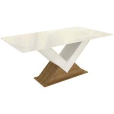 Imagem de Mesa p/ Cozinha Amora c/ Tampo Madeirado c/ Vidro 160x90cm Freijó/Off White - Kappesberg