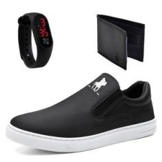 Imagem de Kit Tênis Slip On Masculino Elástico Sola Borracha com Carteira e Relogio-Masculino