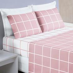 Imagem de Jogo Cama Lençol Brooklyn King Quadriculado Micropercal 200 Fios 4 Peças - Rosa