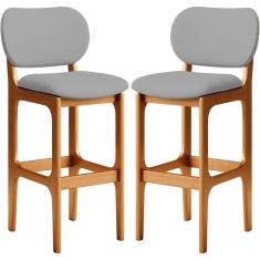 Imagem de Kit 02 Banquetas Alta Para Cozinha Madeira Fixa Betta L02 Imbuia Corano Cinza - Lyam Decor