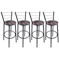 Imagem de Kit 4 Banquetas Alta Preta com Encosto Assento Folhagem Marrom Jaddi