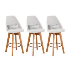 Imagem de Kit 03 Banquetas Alta Maya Giratória Com Encosto Linho Bege Claro e Almofada Sintético Branco - Aurora Line