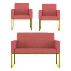 Imagem de Kit Sofá 2 Lugares + 2 Poltronas Recepção Sala Base Dourada Cor:rosa Rosa