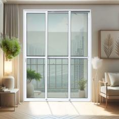 Imagem de Porta de Correr 3 Folhas Moveis Sequenciais 210 X 150 Elite com Fechadura Tetra Vidro Liso Branco